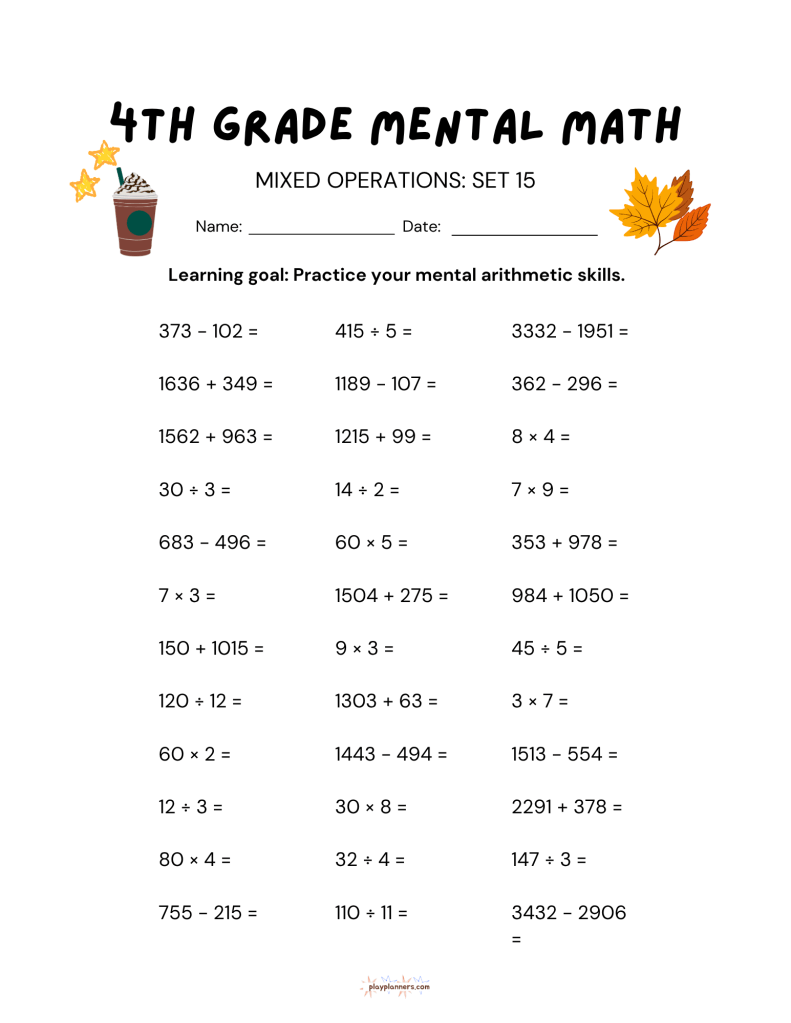 4th grade mental math worksheet, mixed operations set 15, with fall themed illustrations