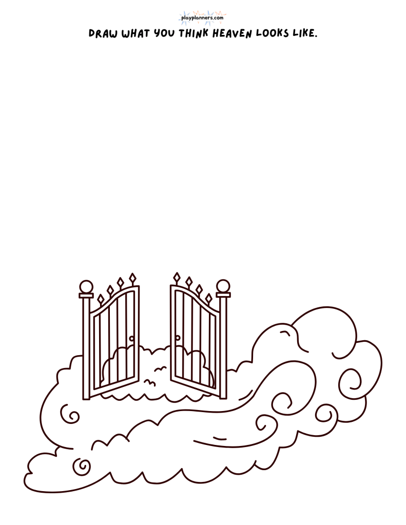 Draw what you think heaven looks like activity page showing the gates of heaven and clouds