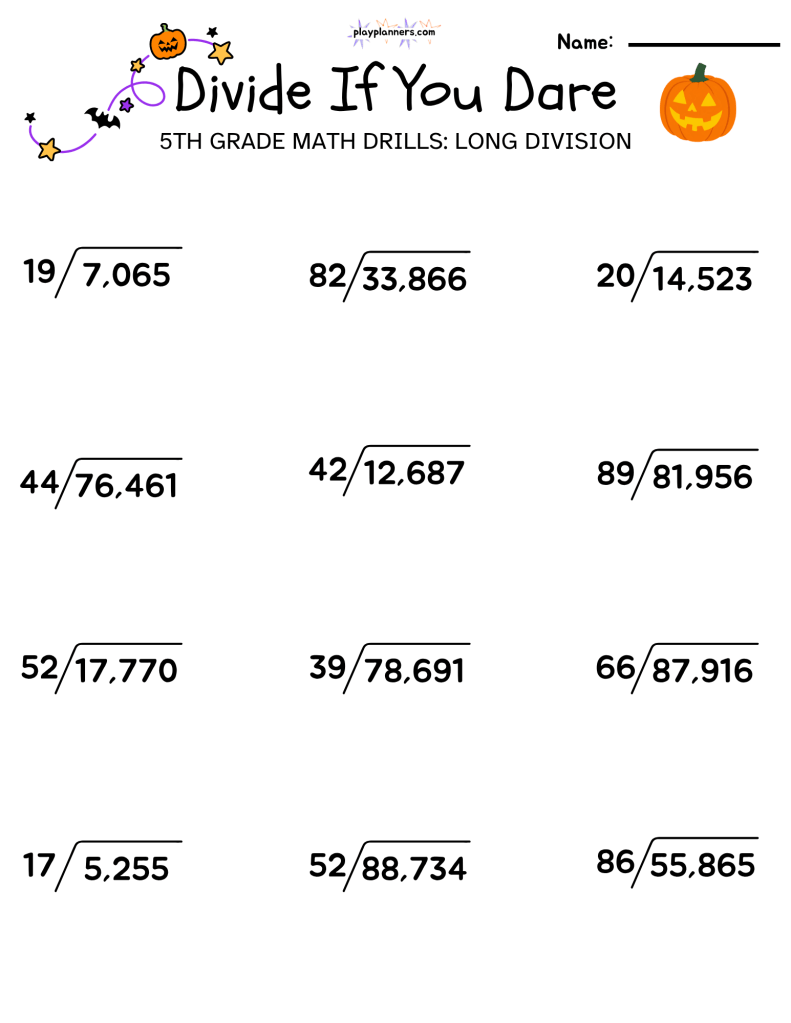 5th grade halloween themed long division worksheet