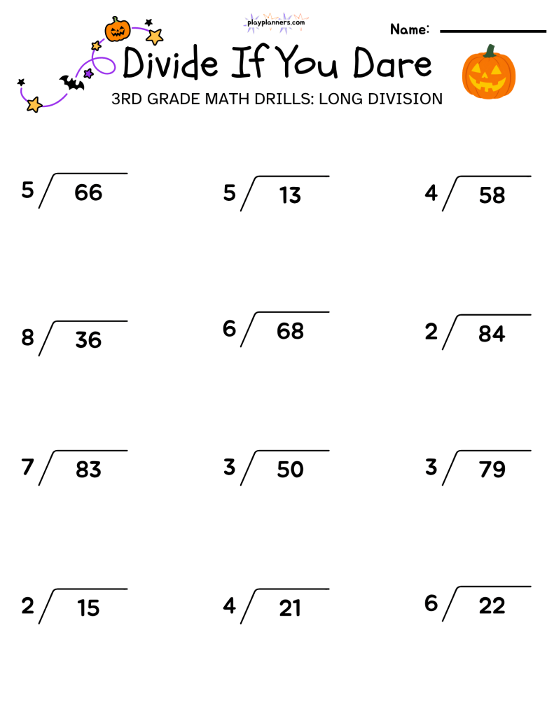 3rd grade long division halloween themed worksheet