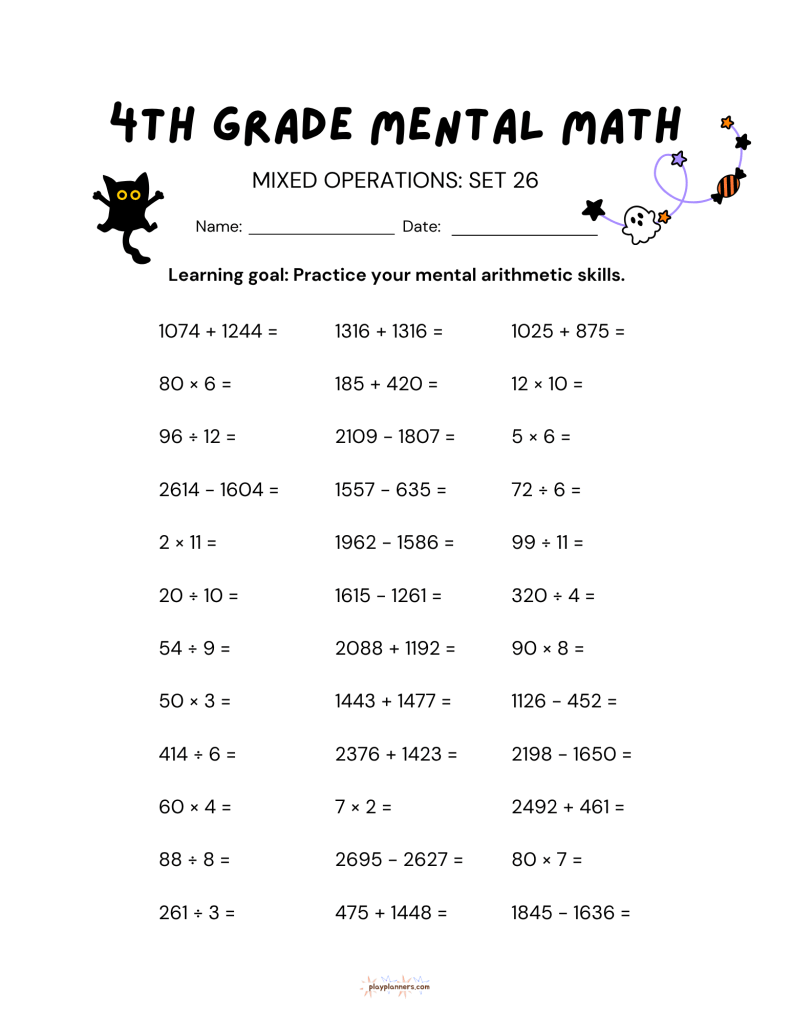 3rd grade halloween themed mental math worksheet