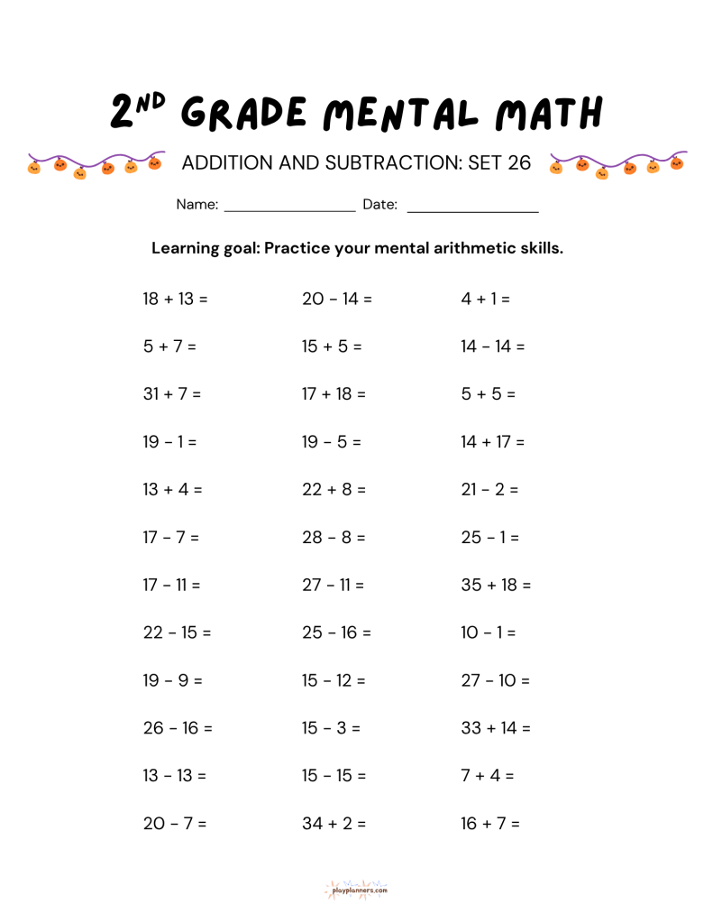 second grade addition and subtraction halloween themed worksheet