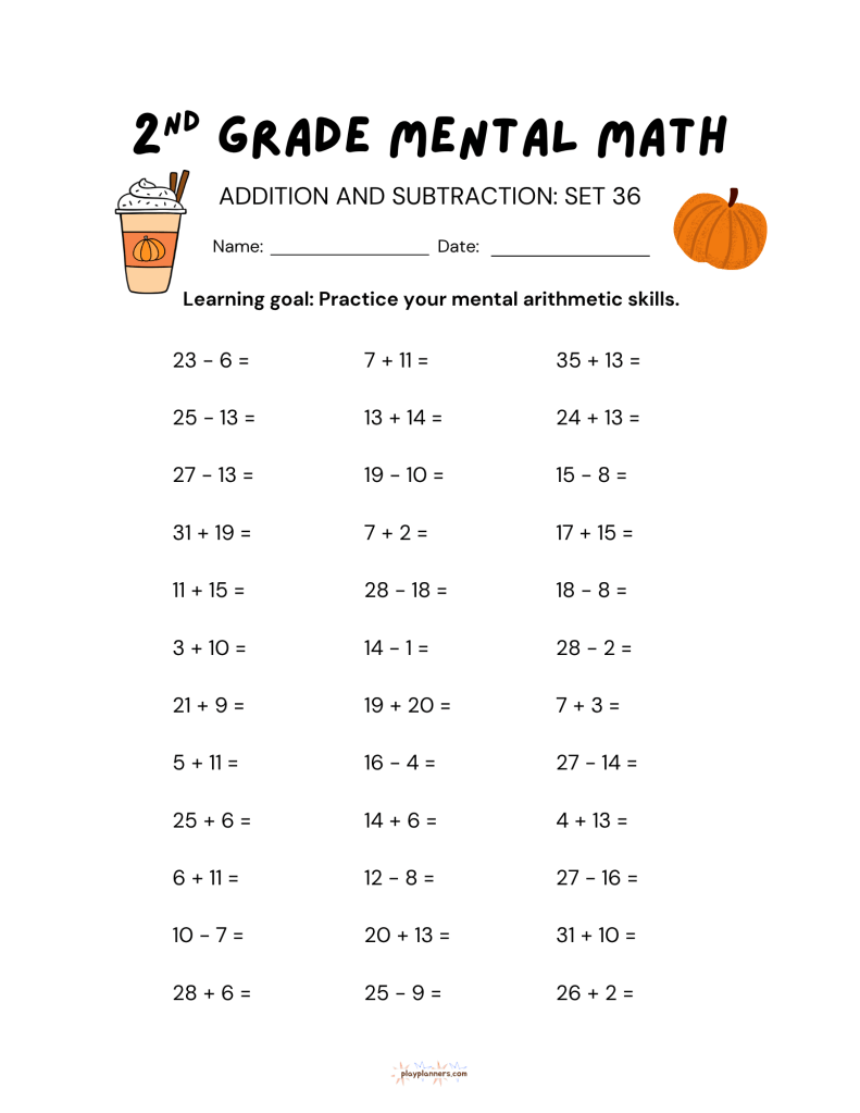 Thanksgiving themed second grade addition and subtraction worksheet