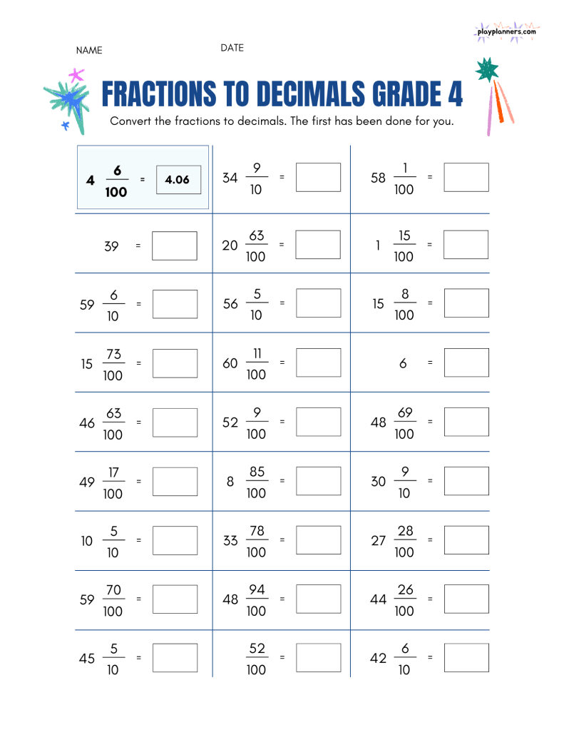 fraction to decimal practice worksheet for 4th grade