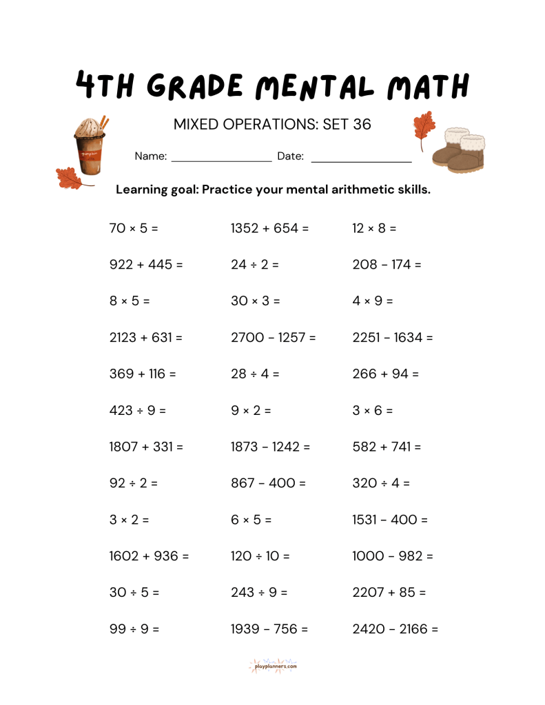 thanksgiving 4th grade mental math worksheet