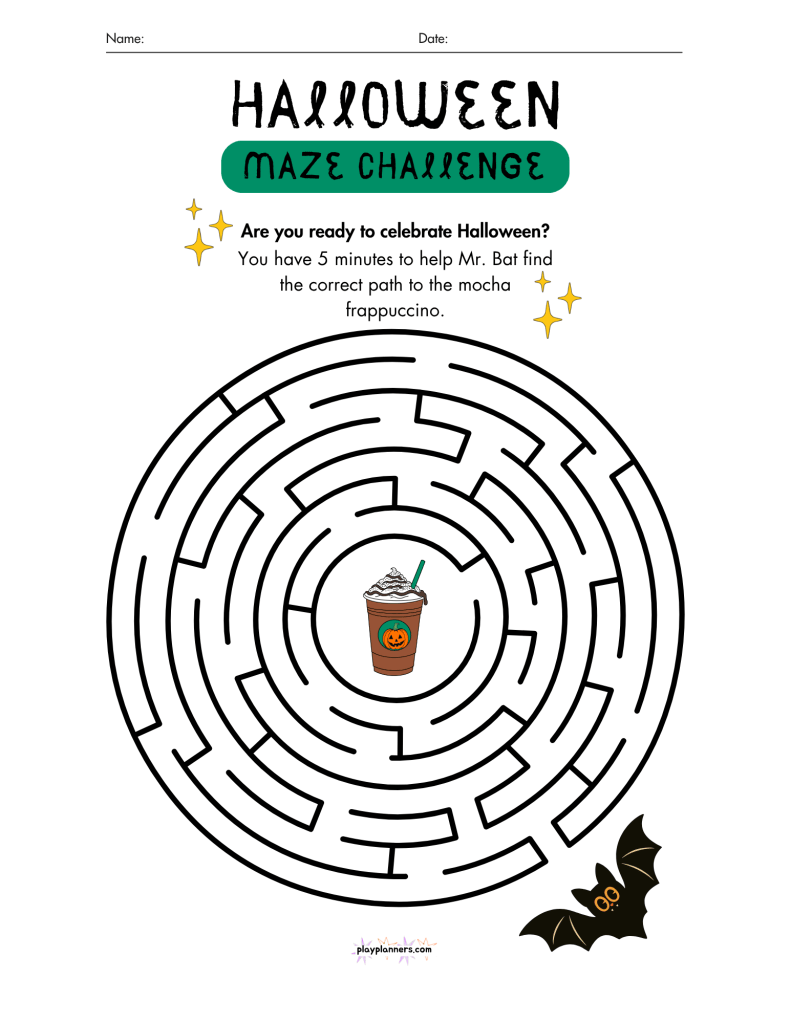 Halloween maze challenge printable: help Mr. Bat find the path to the mocha frappuccino