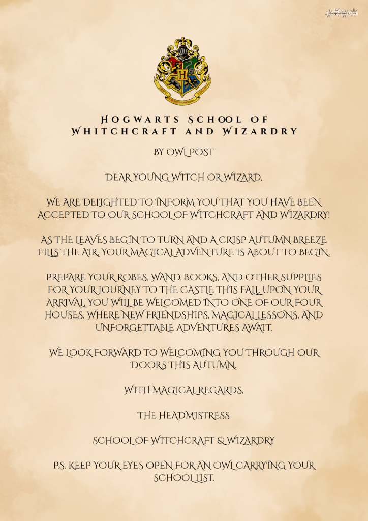 Hogwarts School Acceptance Letter