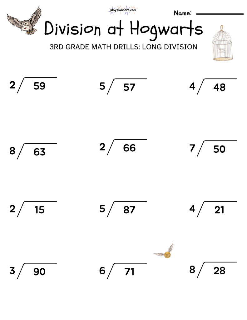 3rd Grade long division worksheet with a harry potter theme