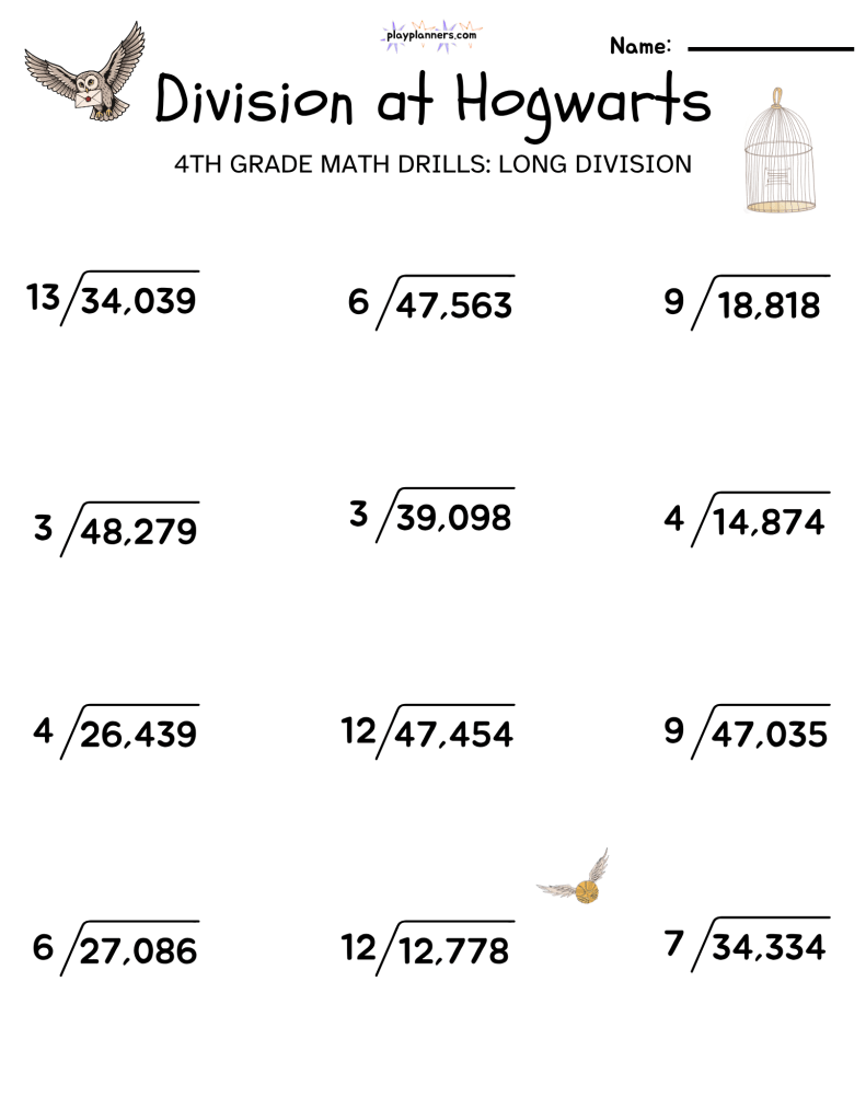 4th grade long division worksheet harry potter themed free printable