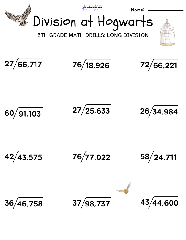 5th grade long division math worksheet harry potter themed free printable