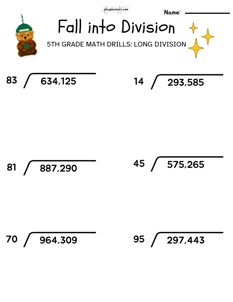 5th grade long division worksheet fall themed free printable