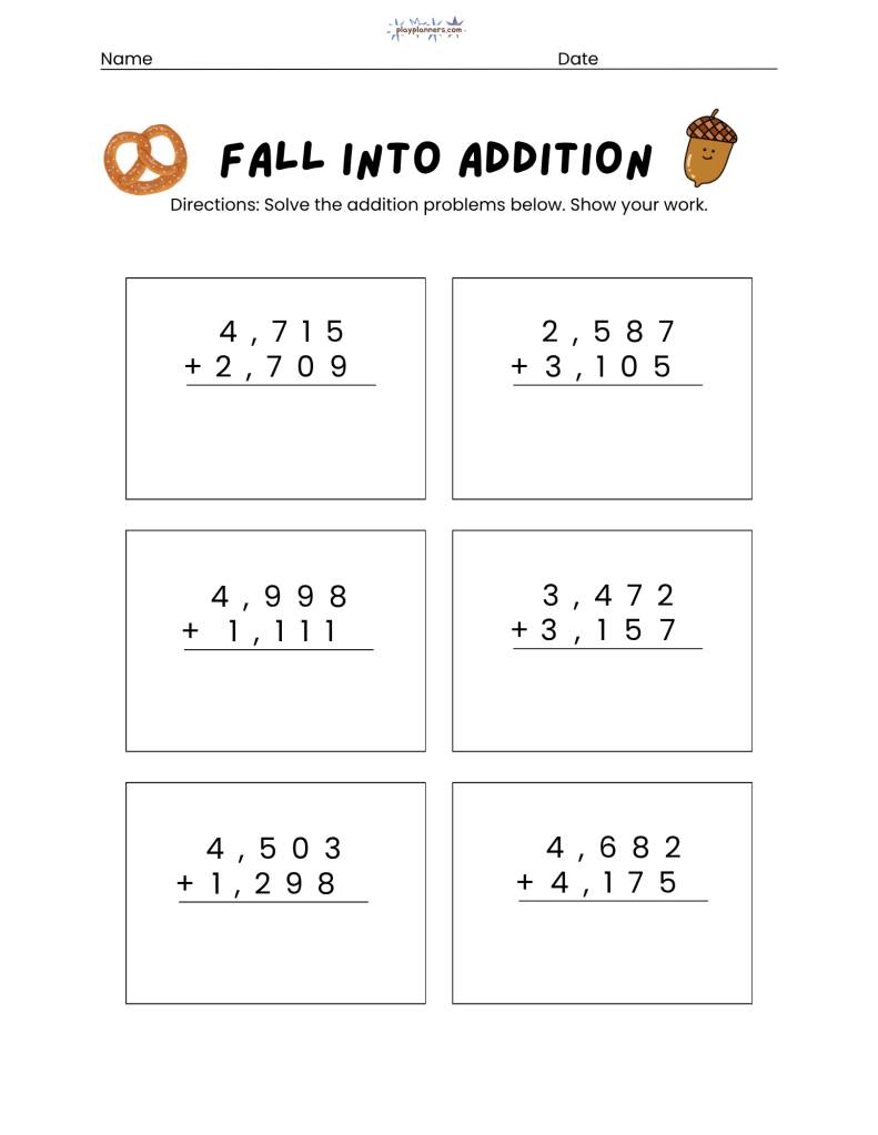 3rd grade four-digit addition worksheet