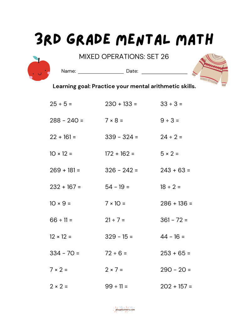 3rd grade mental math worksheet with addition subtraction multiplication and division