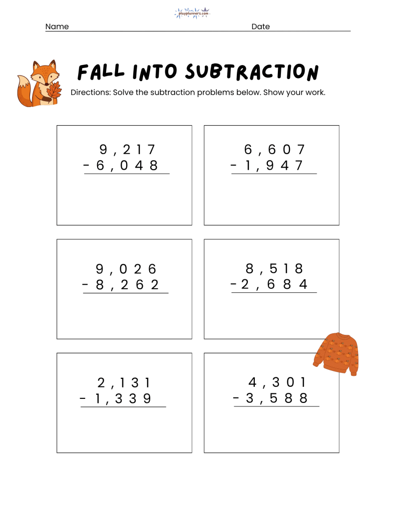 4th grade subtraction worksheets fall themed free printable