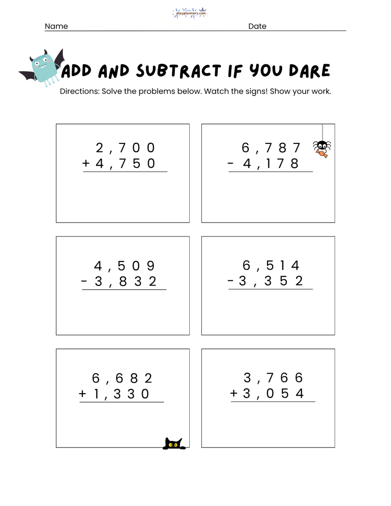 Addition and Subtraction practice for 3rd grade free halloween printable