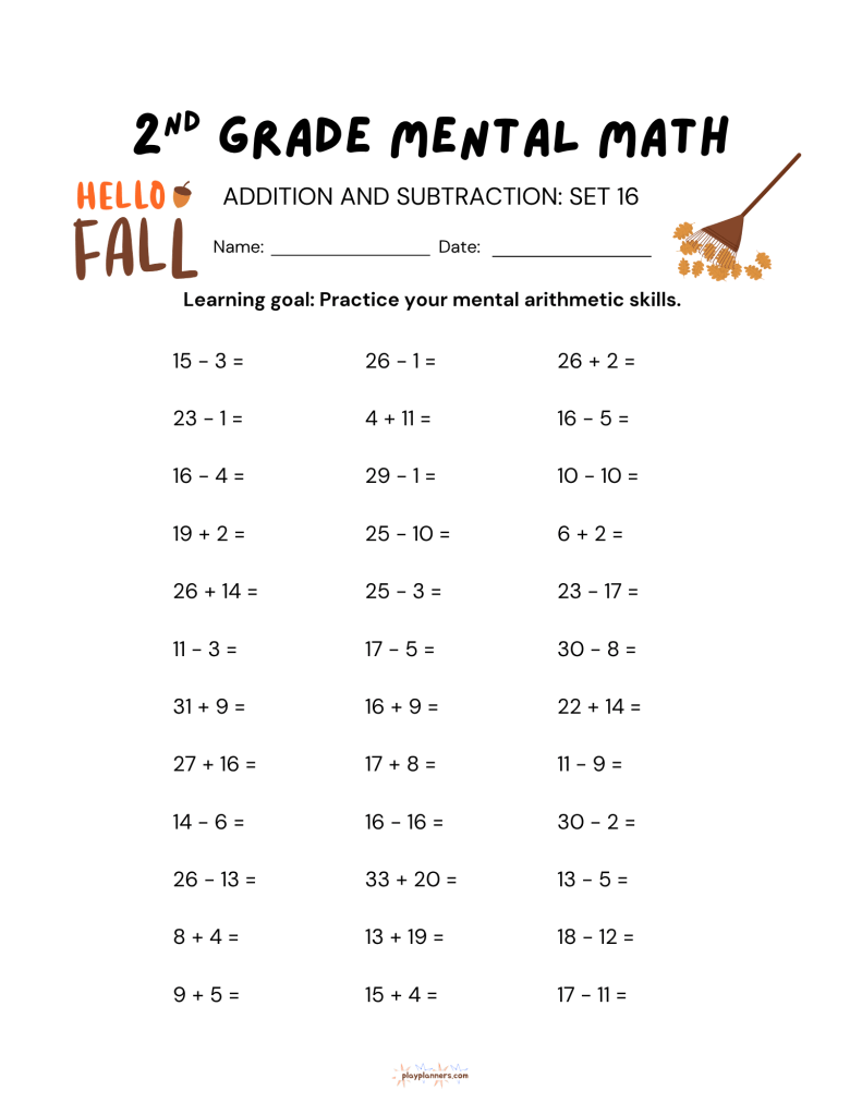 2nd grade mental math worksheet with addition and subtraction
