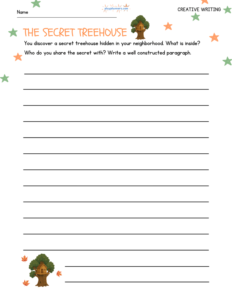 Fall creative writing worksheet with the prompt โThe Secret Treehouseโ and space for students to write a paragraph.