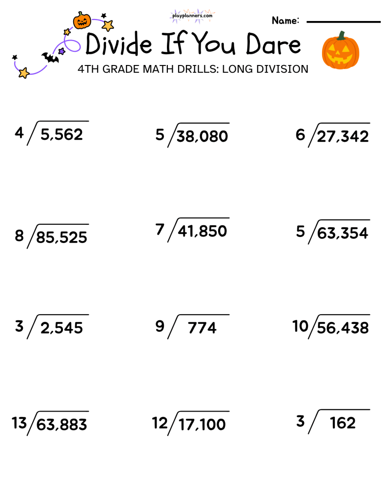 long division worksheets for 4th grade halloween themed