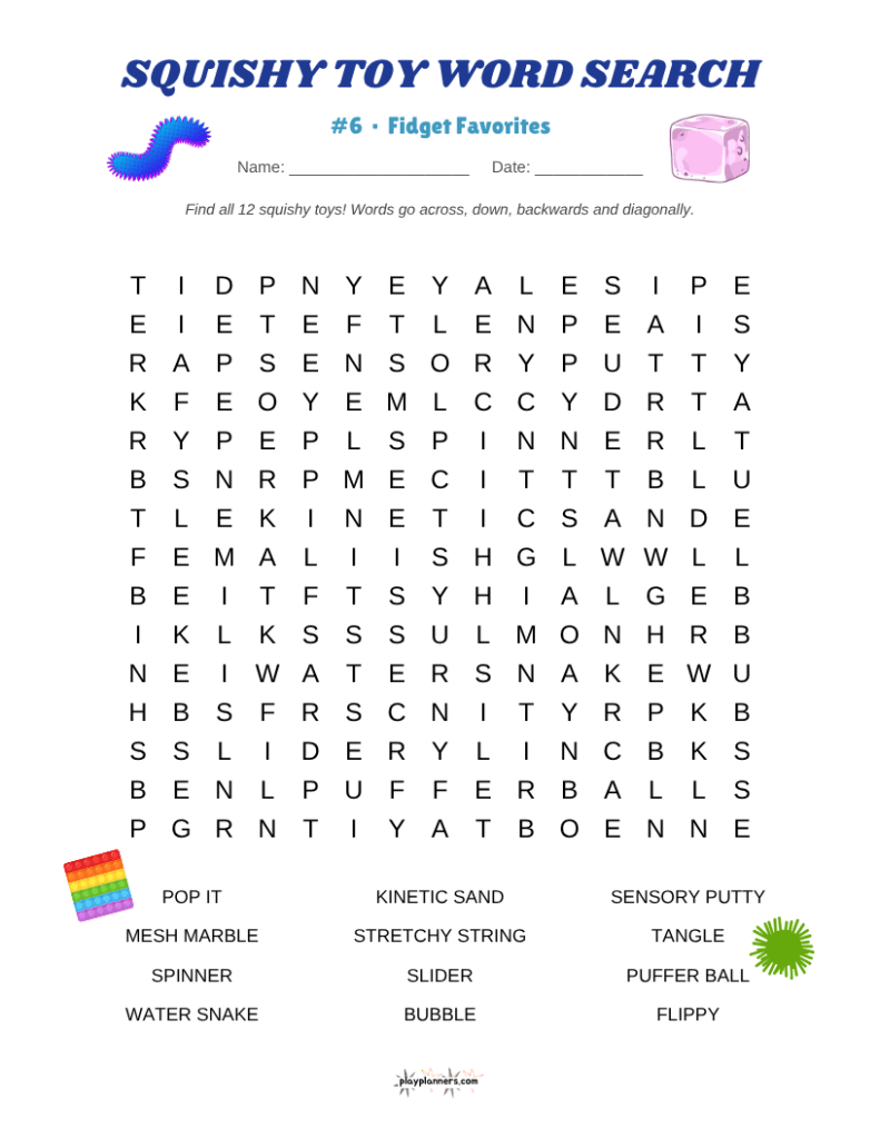 Free squishy toy word search worksheet for 3rd and 4th grade