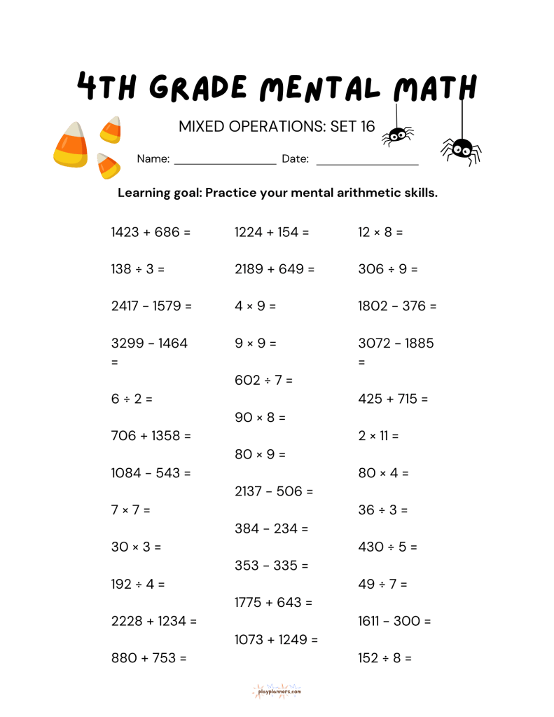4th grade mental math worksheet, mixed operations set 16, with fall themed illustrations
