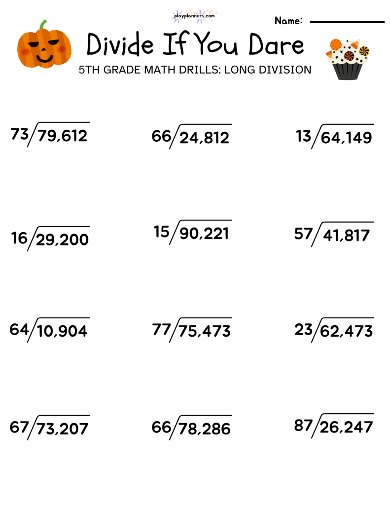 5th grade halloween themed long division worksheet