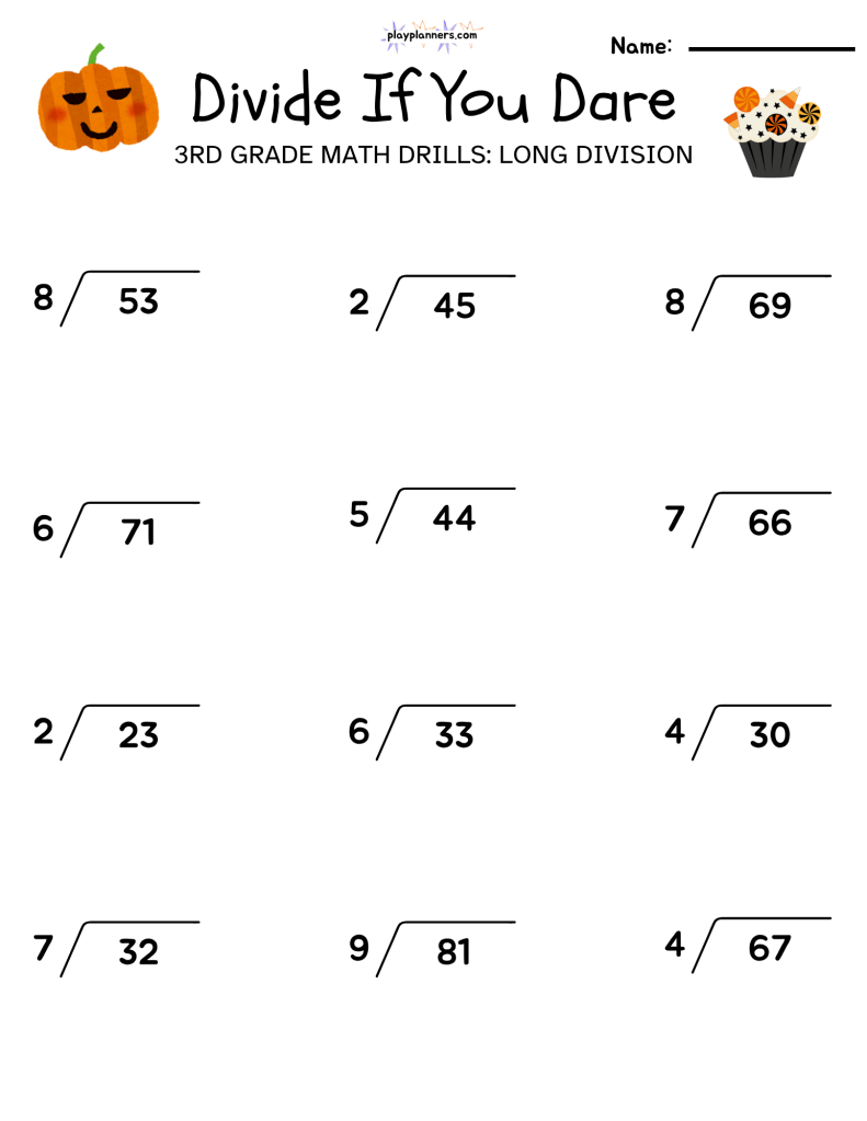 3rd grade long division halloween themed worksheet