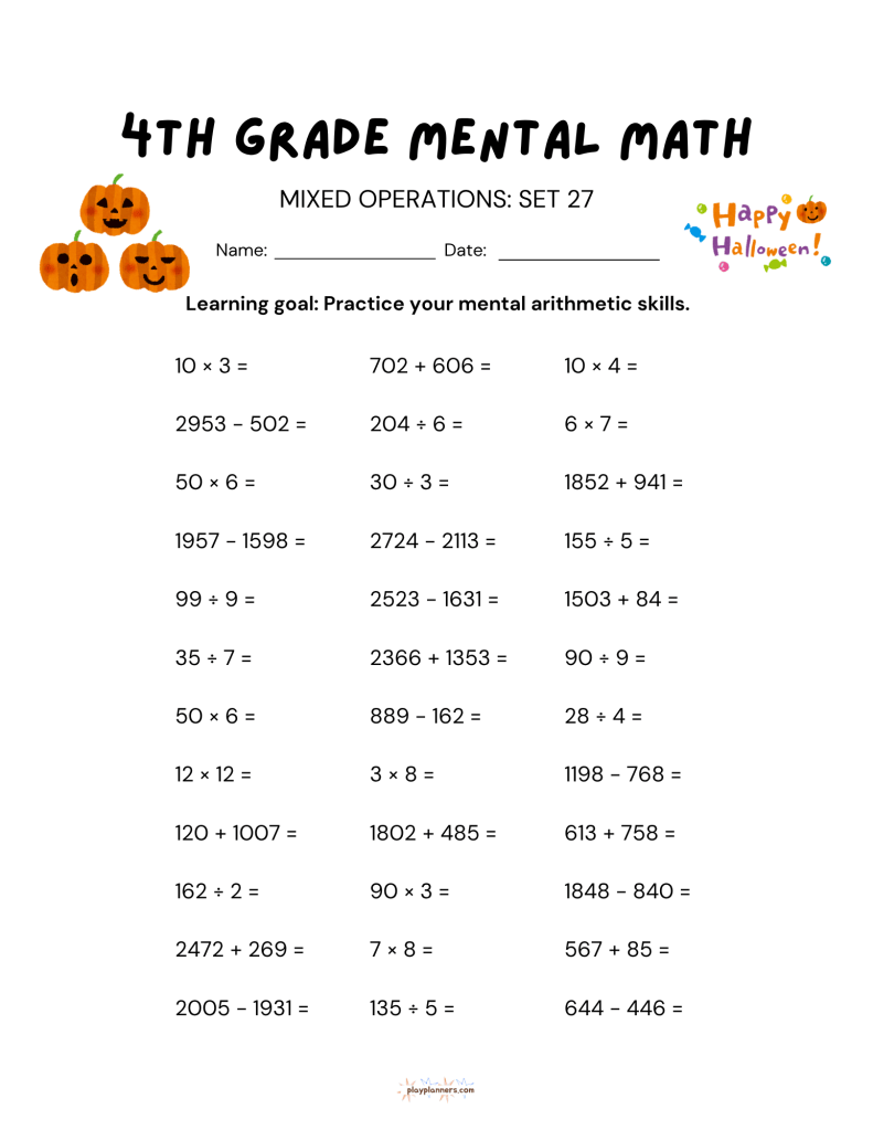 3rd grade halloween themed mental math worksheet