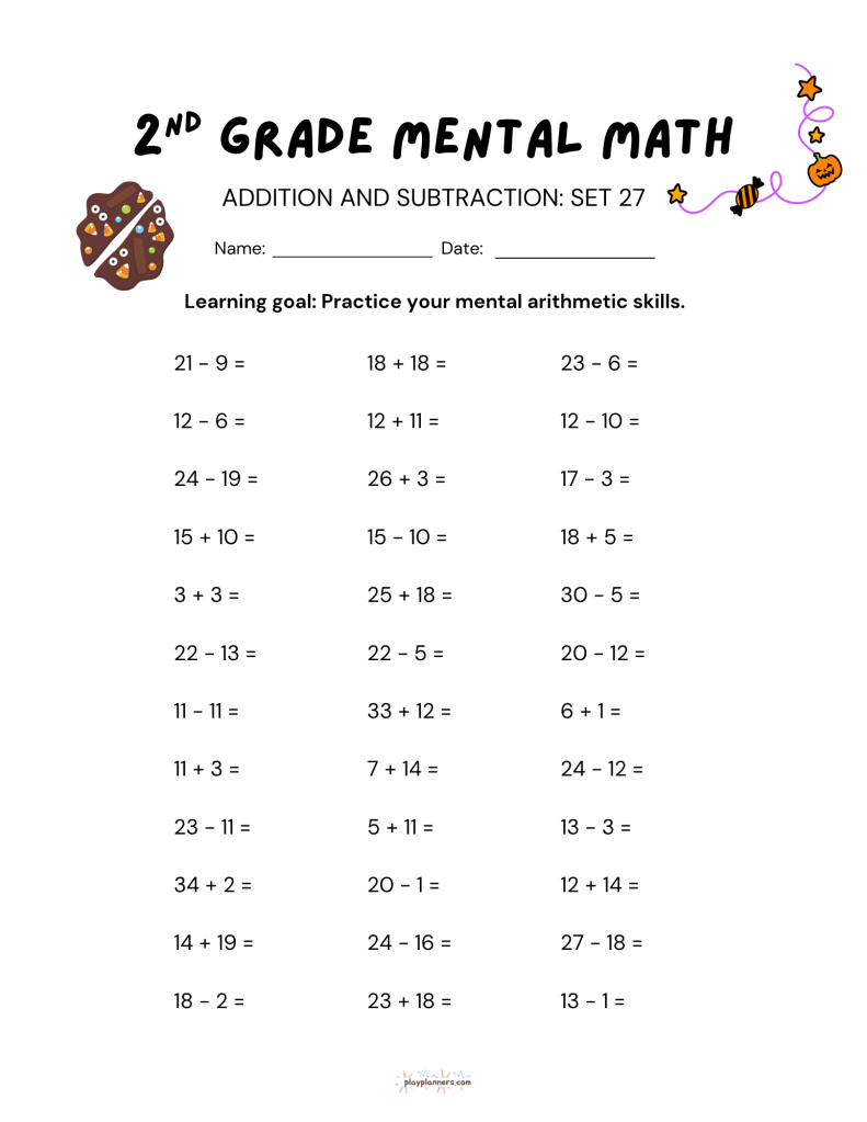second grade addition and subtraction halloween themed worksheet