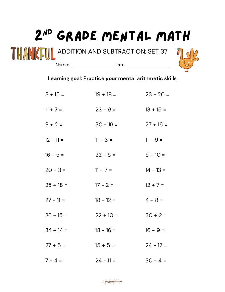 Thanksgiving themed second grade addition and subtraction worksheet