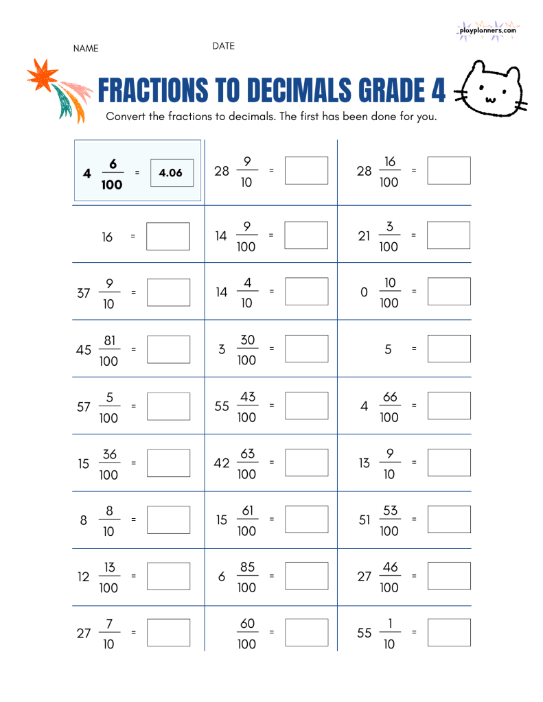 fraction to decimal practice worksheet for 4th grade