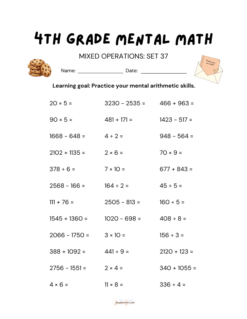 thanksgiving 4th grade mental math worksheet