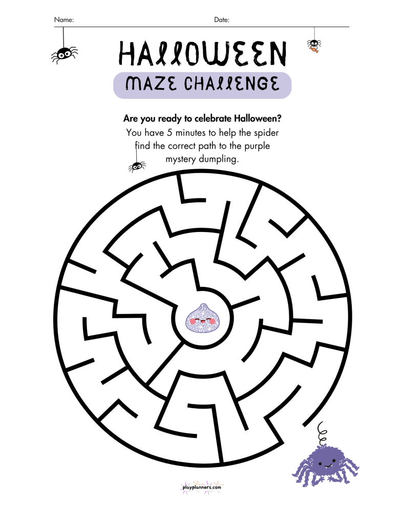 Halloween maze challenge printable: help the spider find the path to the purple mystery dumpling