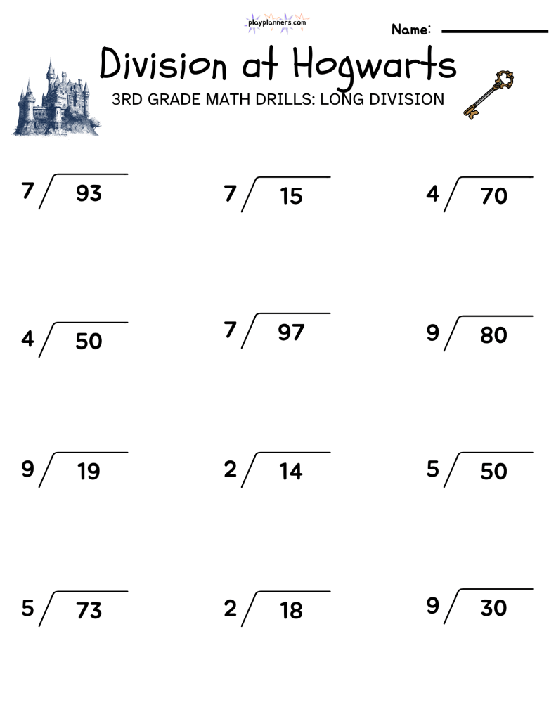 3rd Grade long division worksheet with a harry potter theme
