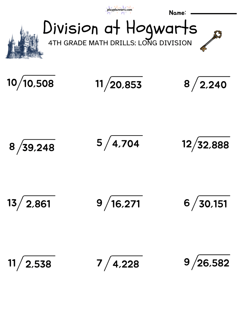 4th grade long division worksheet harry potter themed free printable