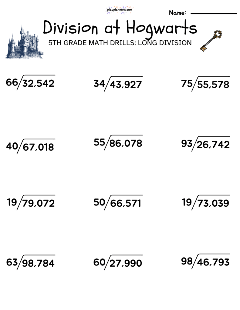 5th grade long division math worksheet harry potter themed free printable