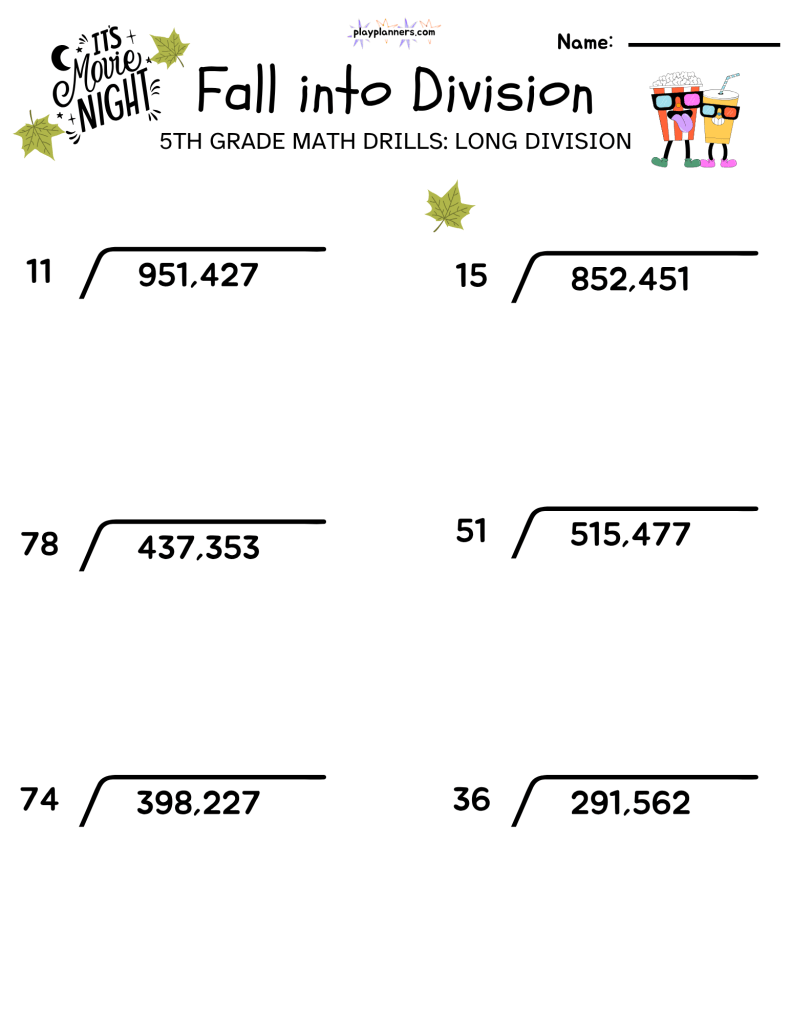 5th grade long division worksheet fall themed free printable