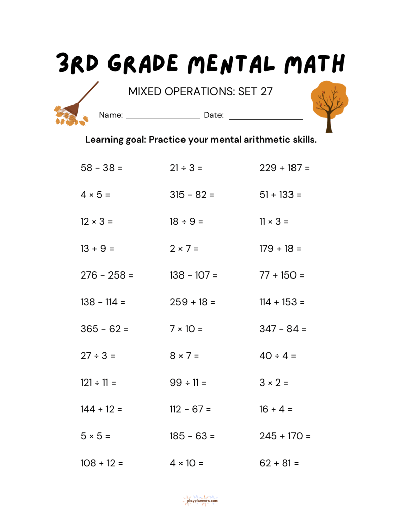 3rd grade mental math worksheet with addition subtraction multiplication and division