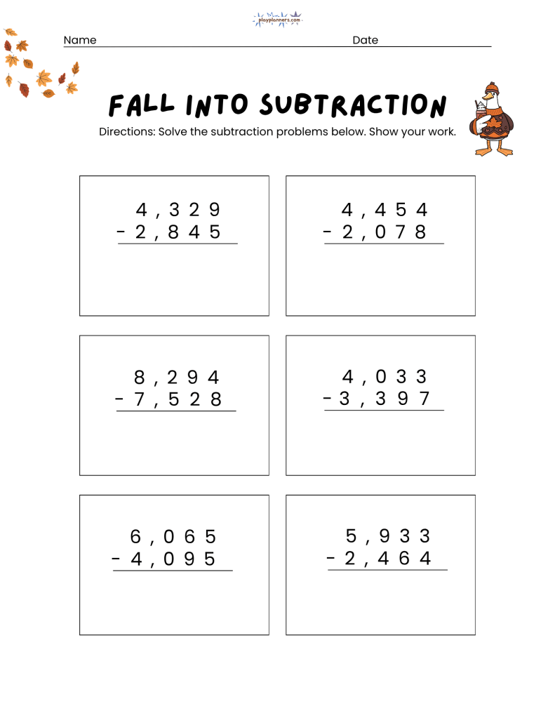 4th grade subtraction worksheets fall themed free printable