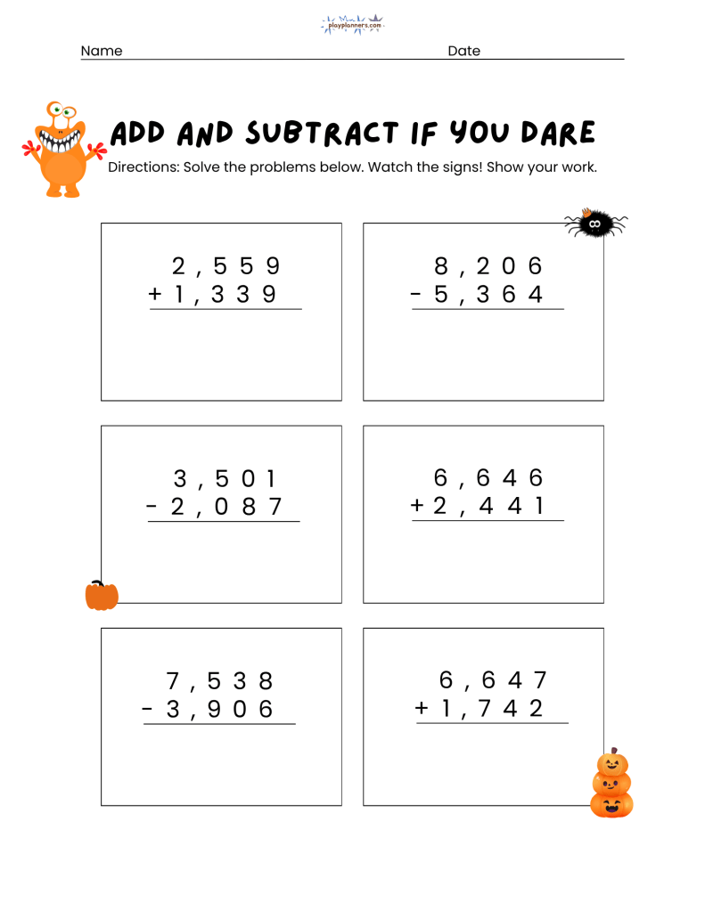 Addition and Subtraction practice for 3rd grade free halloween printable
