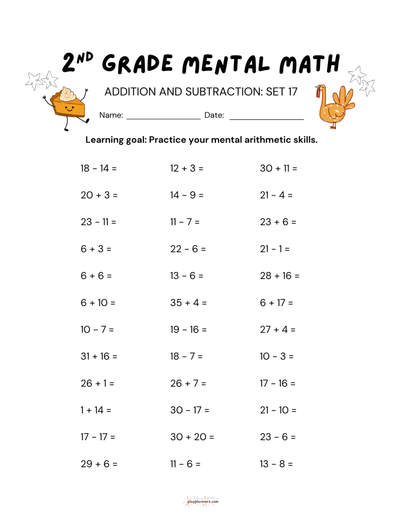 2nd grade mental math worksheet with addition and subtraction