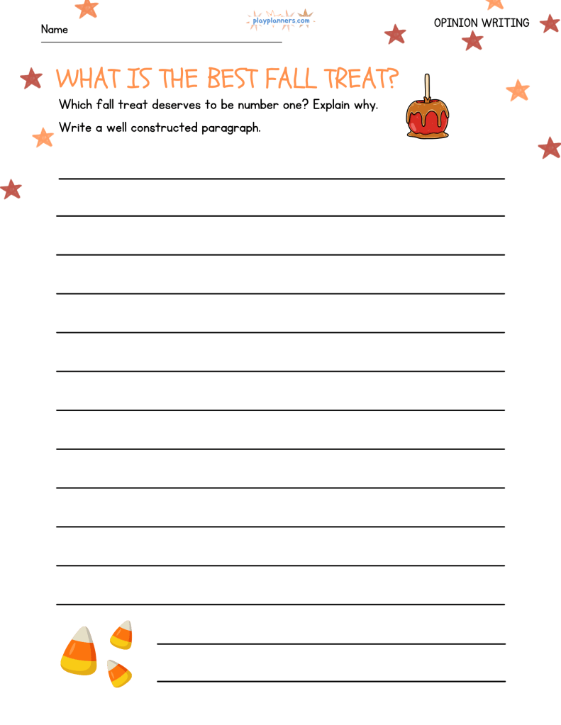Fall opinion writing worksheet with the prompt โWhat Is the Best Fall Treat?โ and space for students to explain their opinion in a paragraph.