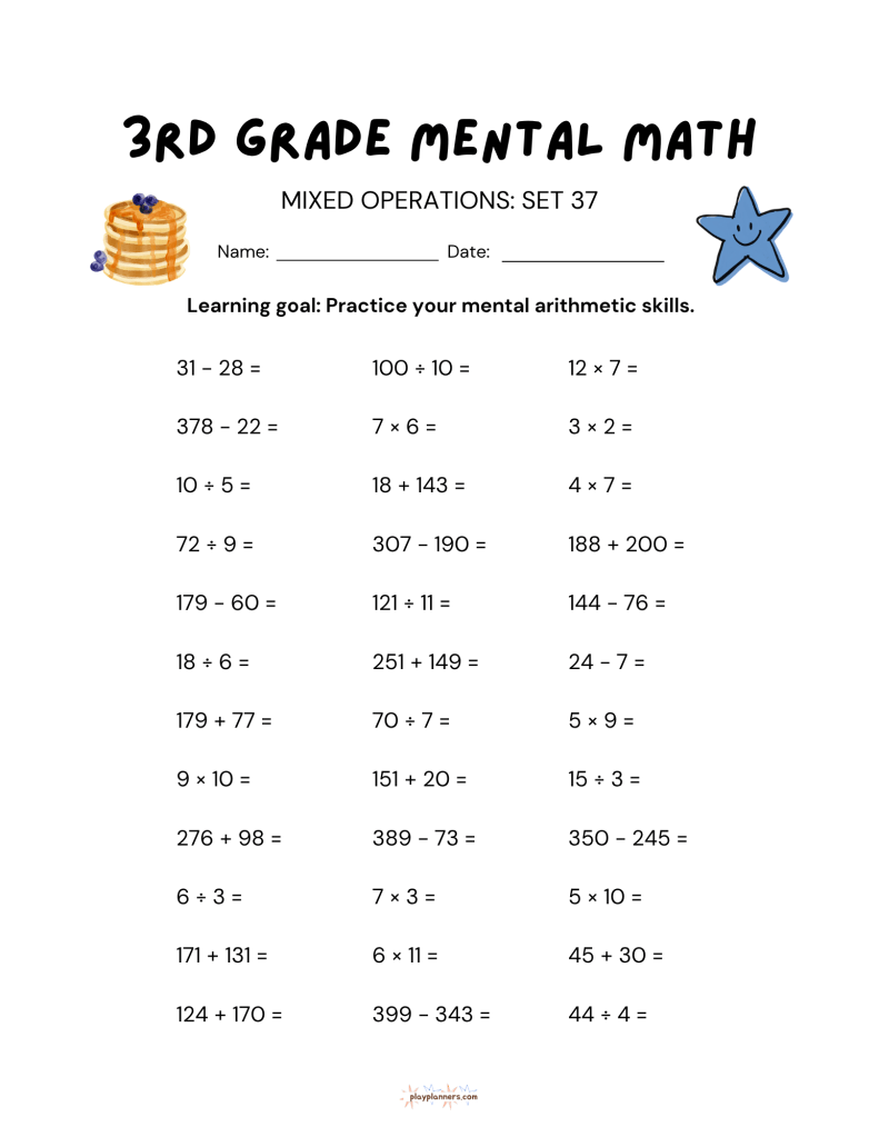 3rd grade mental math worksheet thanksgiving fall themed