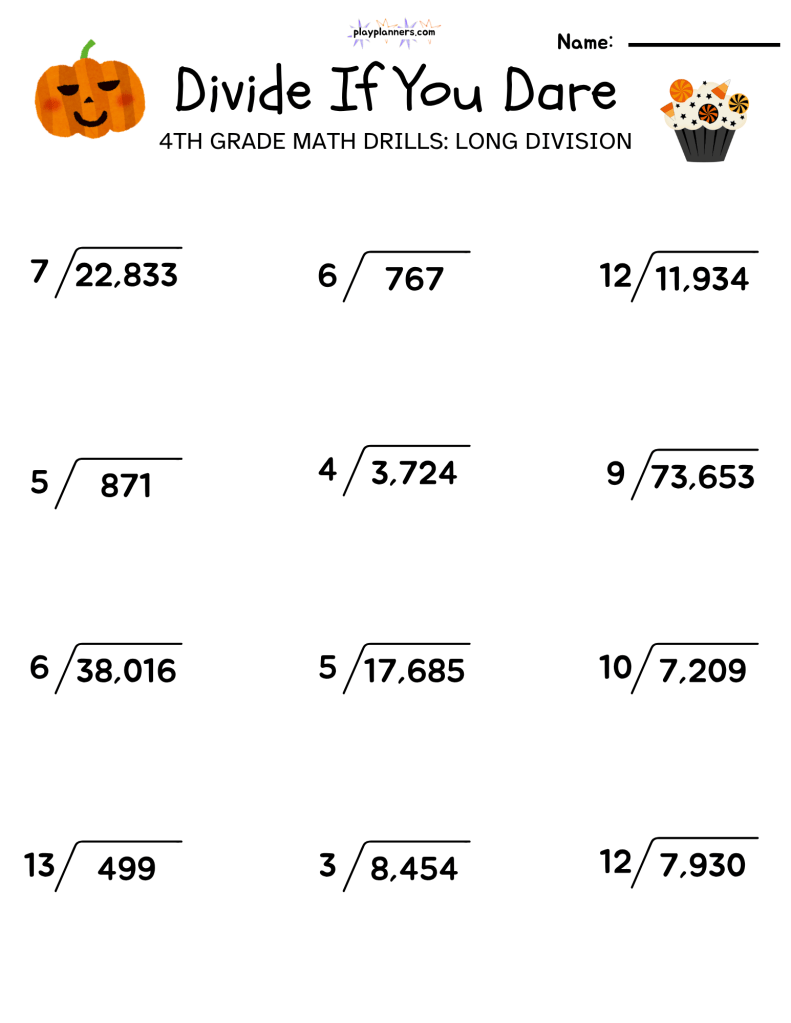 long division worksheets for 4th grade halloween themed