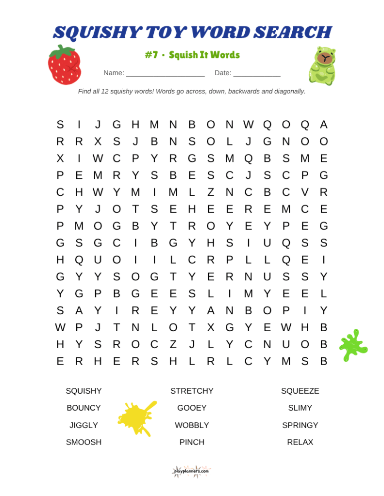 Free printable squishy toy word search with popular toy names
