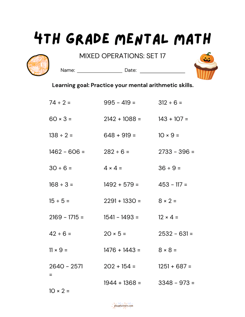 4th grade mental math worksheet, mixed operations set 17, with fall themed illustrations