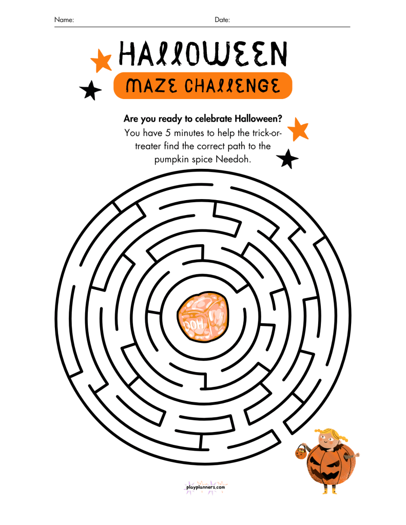 Halloween maze challenge printable: help the trick or treater find the path to the pumpkin spice Needoh