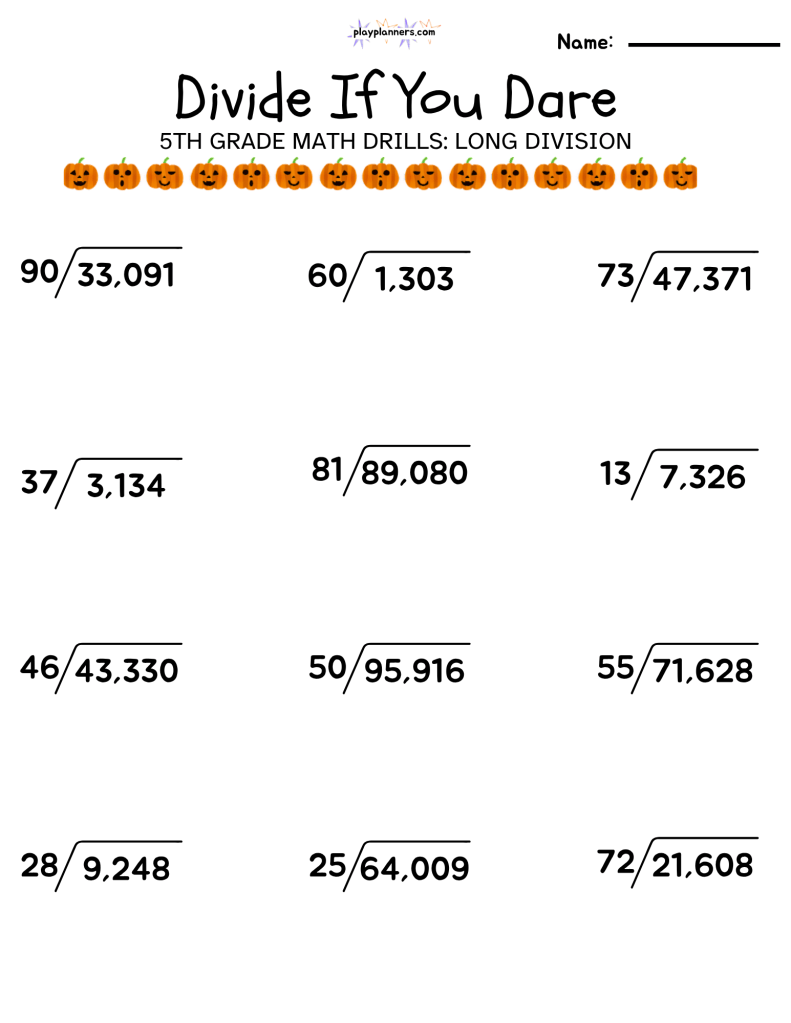 5th grade halloween themed long division worksheet