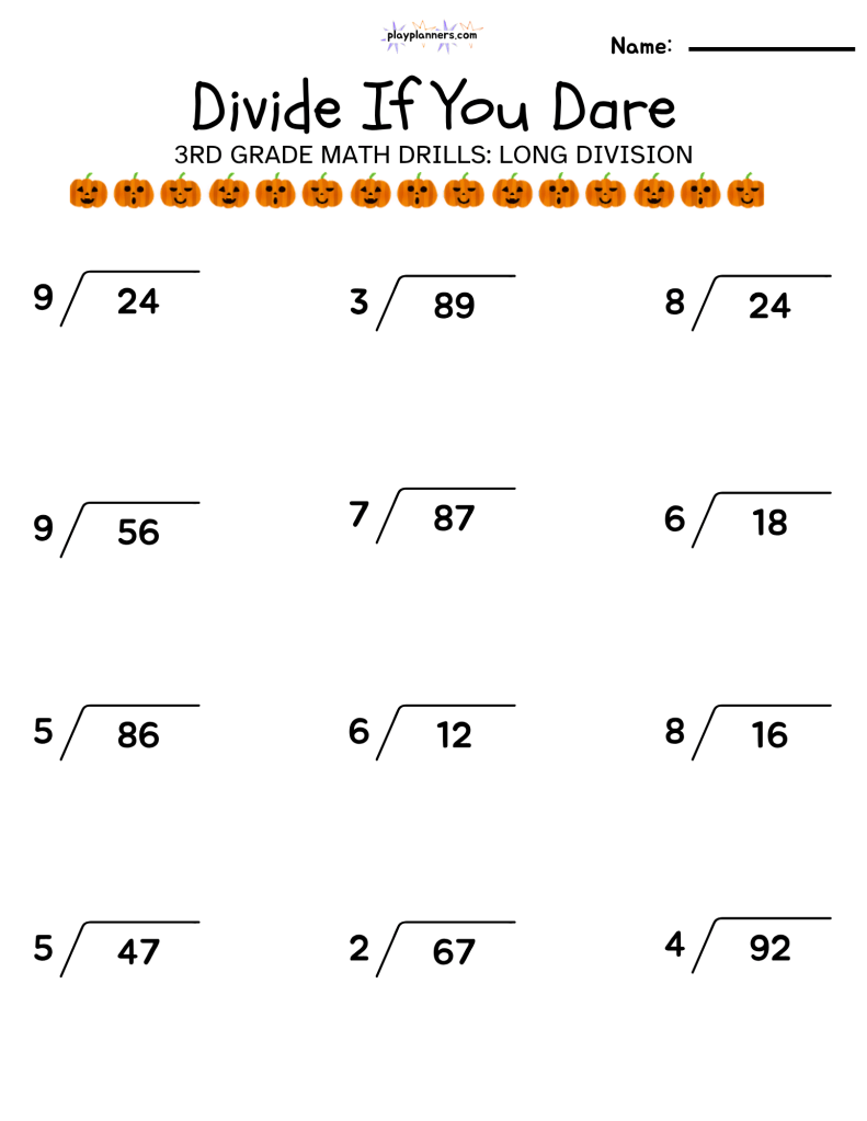 3rd grade long division halloween themed worksheet