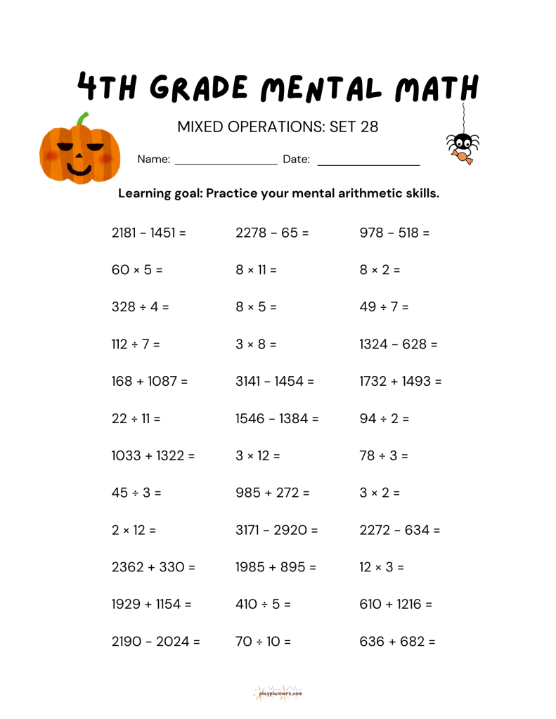 3rd grade halloween themed mental math worksheet