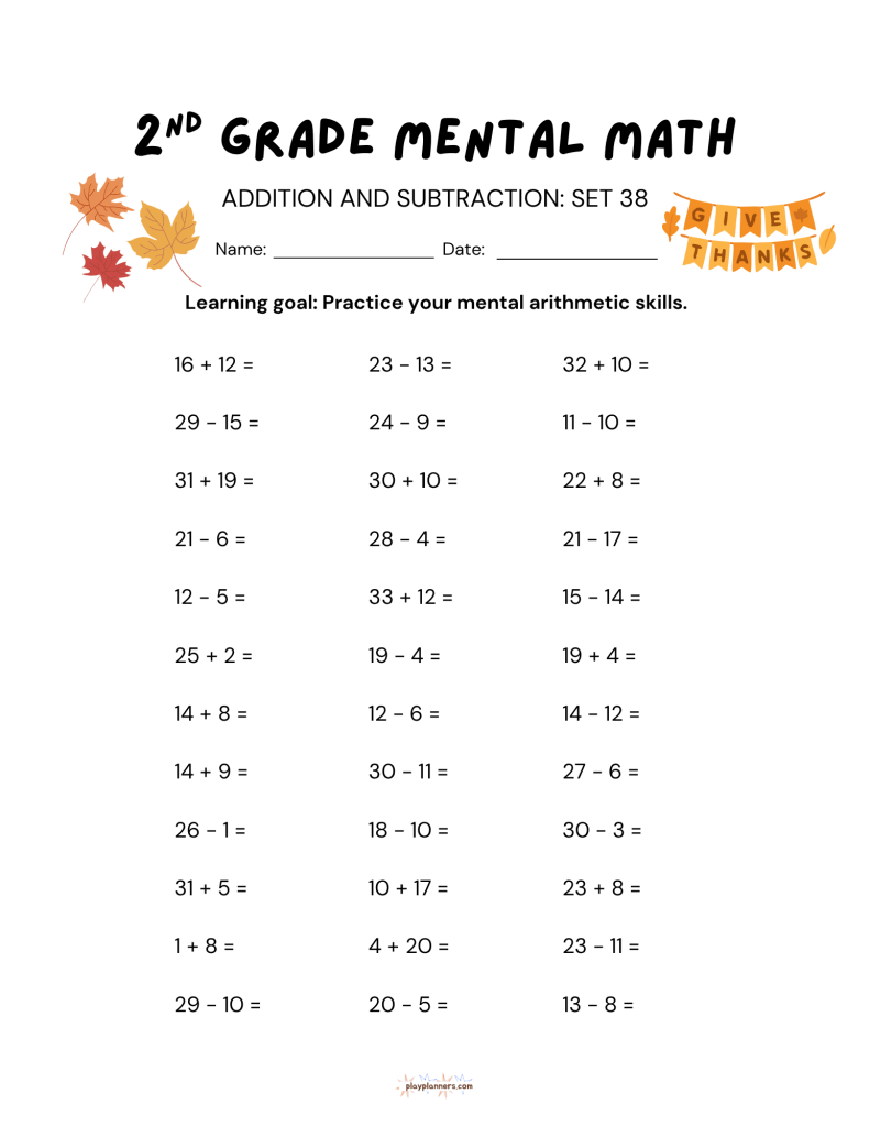Thanksgiving themed second grade addition and subtraction worksheet